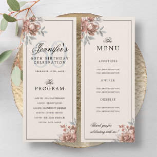 Rose Gold Floral 60th Birthday Program Menu Cream Invitation