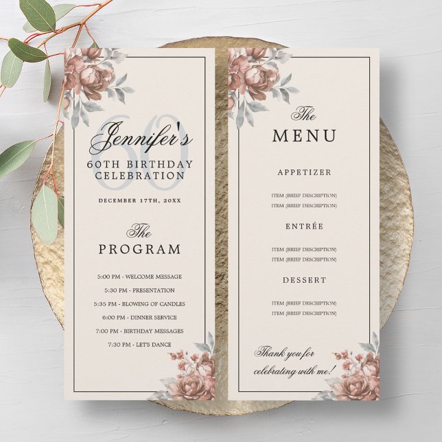 Rose Gold Floral 60th Birthday Program Menu Cream Invitation (Rose Gold Floral 60th Birthday Program Menu Cream)