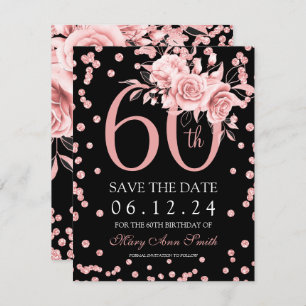 Rose Gold Floral 60th Save The Date Black Invitation