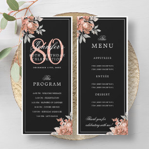 Rose Gold Floral 80th Birthday Program Menu Black Invitation