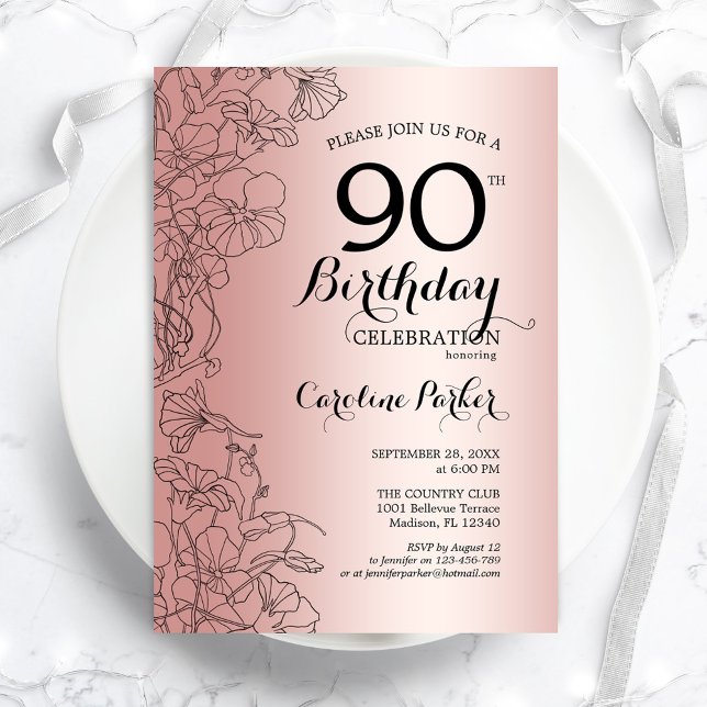 Rose Gold Floral 90th Birthday Party Invitation (Creator Uploaded)