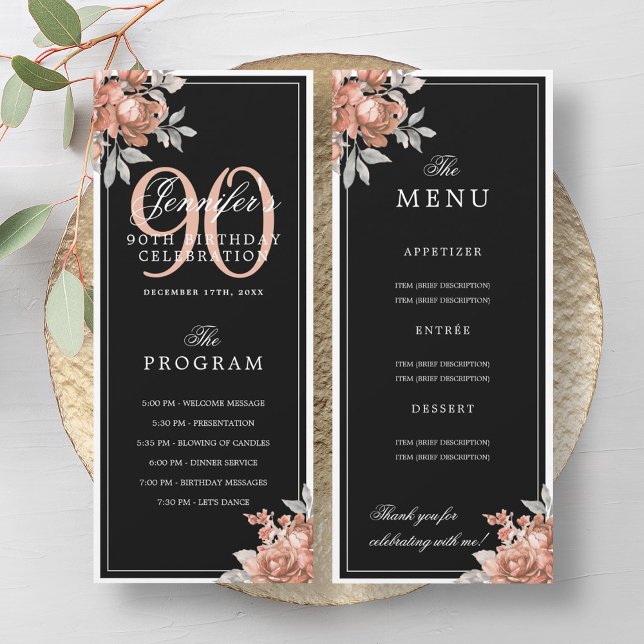 Rose Gold Floral 90th Birthday Program Menu Black Invitation (Rose Gold Floral 90th Birthday Program Menu Black)
