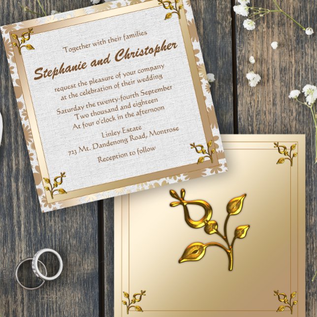 Rose Gold Floral and Linen Wedding Invitation (Creator Uploaded)