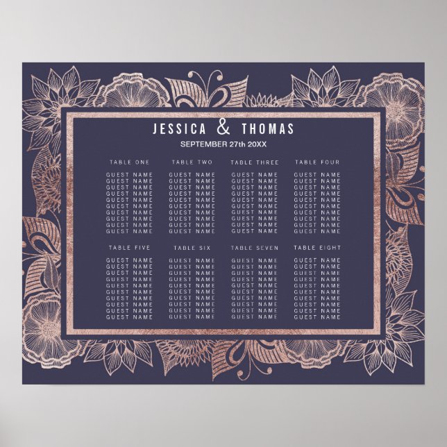 Rose Gold Floral and Navy Blue Seating Chart (Front)