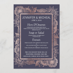 Rose Gold Floral and Navy Blue Wedding Menu