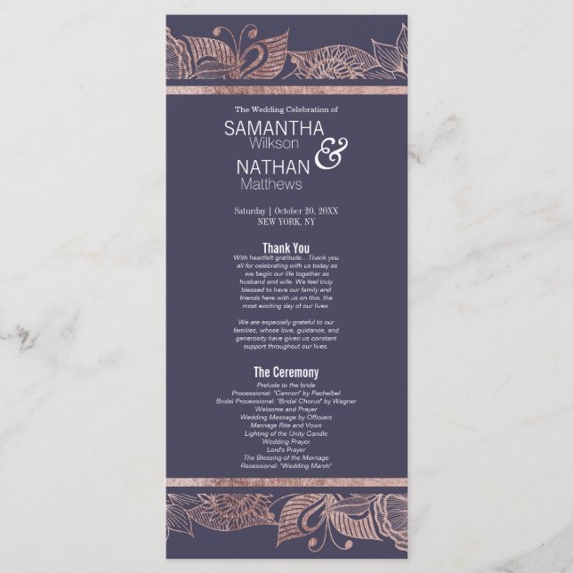 Rose Gold Floral and Navy Blue Wedding Programs Programme (Front)