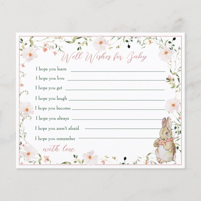 Rose Gold Floral Baby Bunny Shower Advice Card (Front)