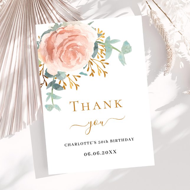 Rose gold floral birthday thank you card (Creator Uploaded)