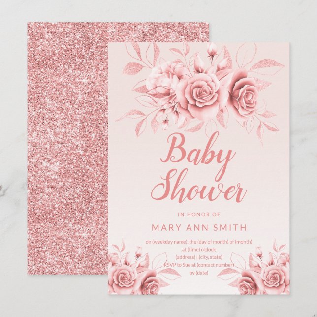 Rose Gold Floral Blush Glitter Baby Shower  Invitation (Front/Back)