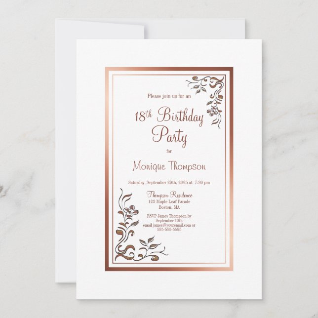 Rose Gold Floral Border 18th Birthday Party Invitation (Front)