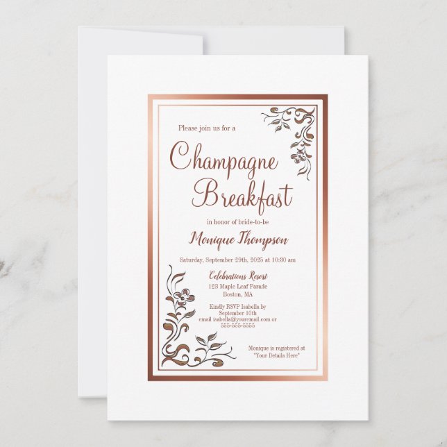 Rose Gold Floral Border Bridal Champagne Breakfast Invitation (Front)
