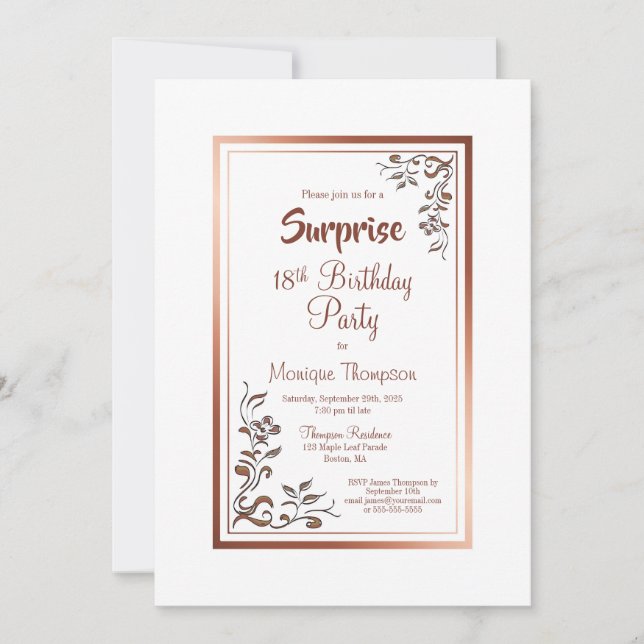 Rose Gold Floral Border Surprise 18th Birthday Invitation (Front)