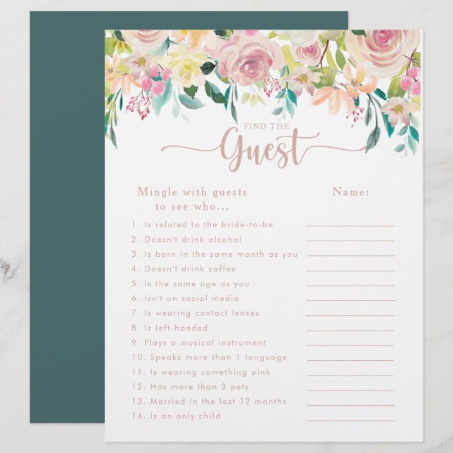 Rose Gold Floral Bridal Shower Find the Guest Game (Front/Back)