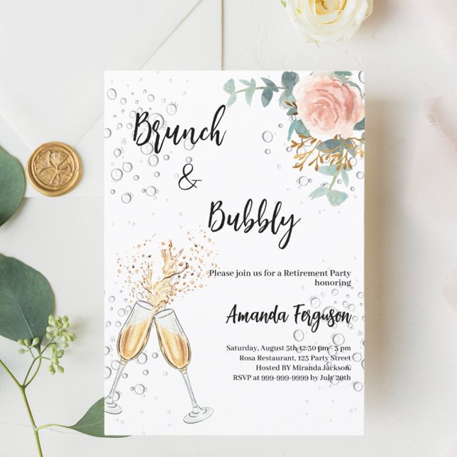 Rose Gold Floral Brunch Bubbly Retirement Party Invitation (Creator Uploaded)