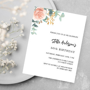 Rose gold floral budget birthday invitation