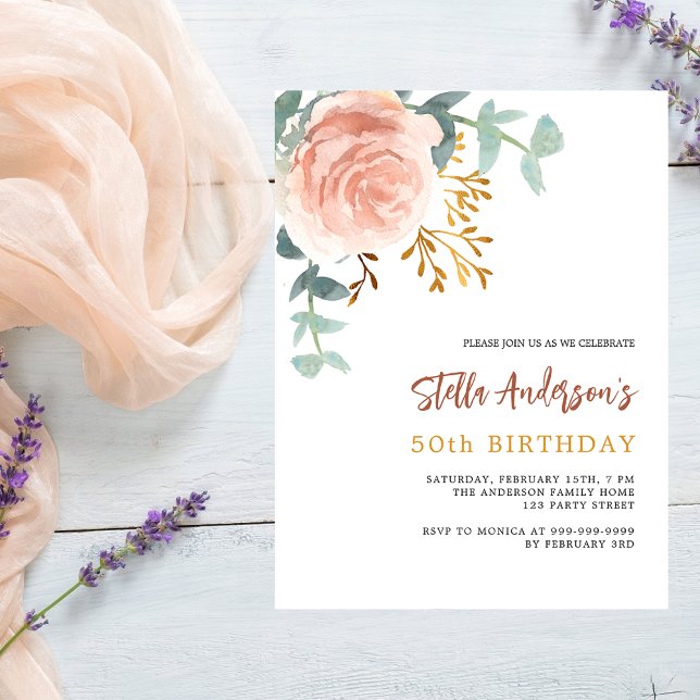 Rose gold floral budget birthday invitation flyer (Creator Uploaded)