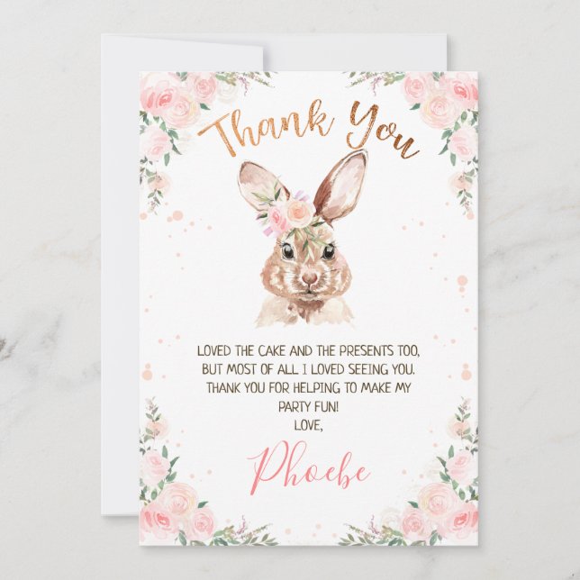 Rose Gold Floral Bunny Birthday Thank You Card (Front)