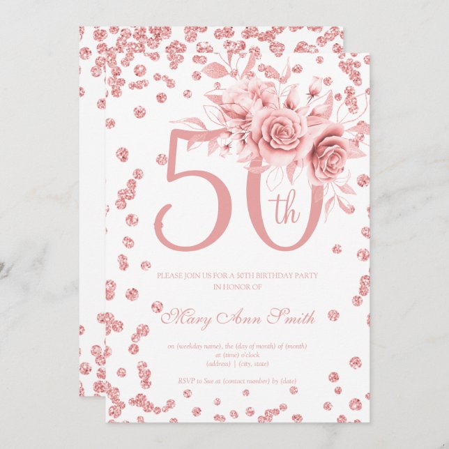 Rose Gold Floral & Confetti 50th Birthday Party  Invitation (Front/Back)