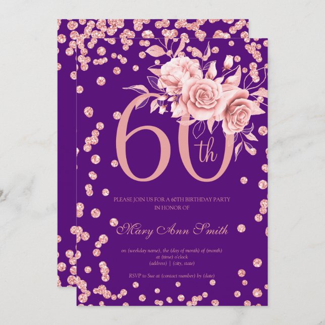 Rose Gold Floral & Confetti 60th Birthday Purple  Invitation (Front/Back)