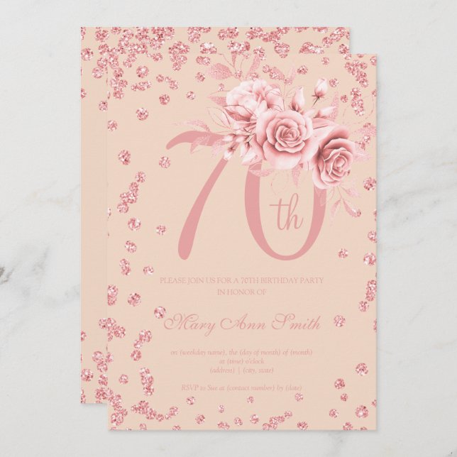 Rose Gold Floral & Confetti 70th Birthday Blush  Invitation (Front/Back)
