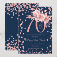Rose Gold Floral & Confetti 70th Birthday Navy