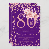 Rose Gold Floral & Confetti 80th Birthday Purple