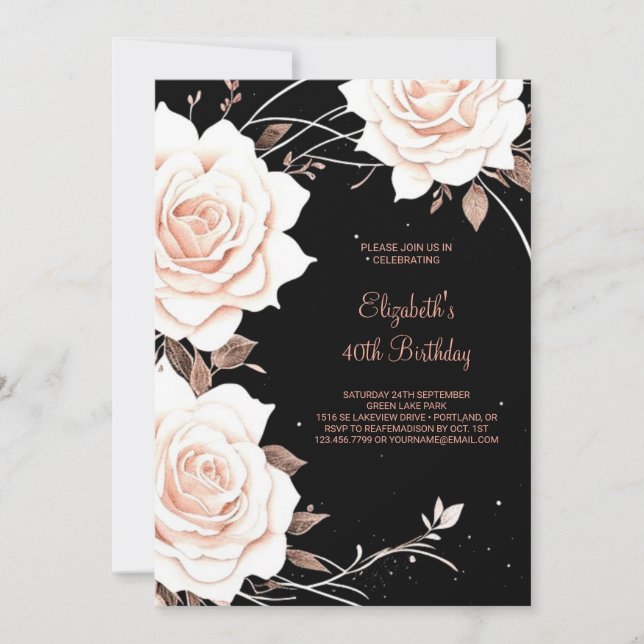 Rose Gold Floral Custom 40th Birthday Invitation (Front)