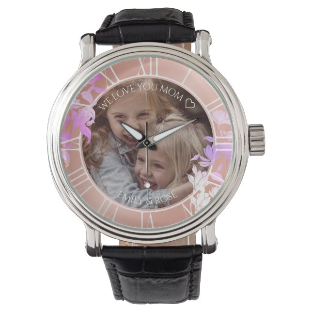 Rose Gold Floral Custom Children Photo Template Watch (Front)