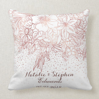 Rose gold floral doodles confetti wedding cushion