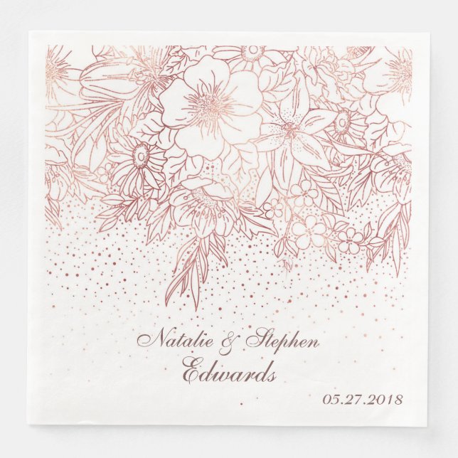 Rose gold floral doodles confetti wedding napkin (Front)