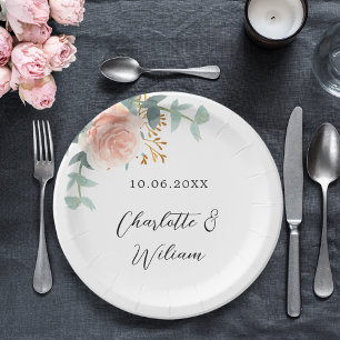 Rose gold floral eucalyptus elegant wedding paper plate