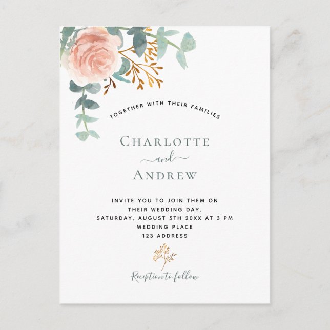 Rose gold floral eucalyptus greenery pink wedding postcard (Front)