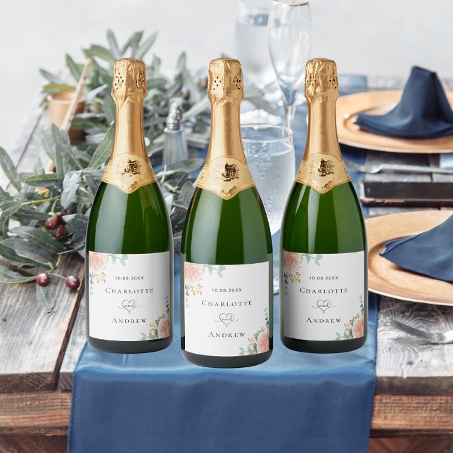 Rose gold floral eucalyptus greenery wedding sparkling wine label (Creator Uploaded)
