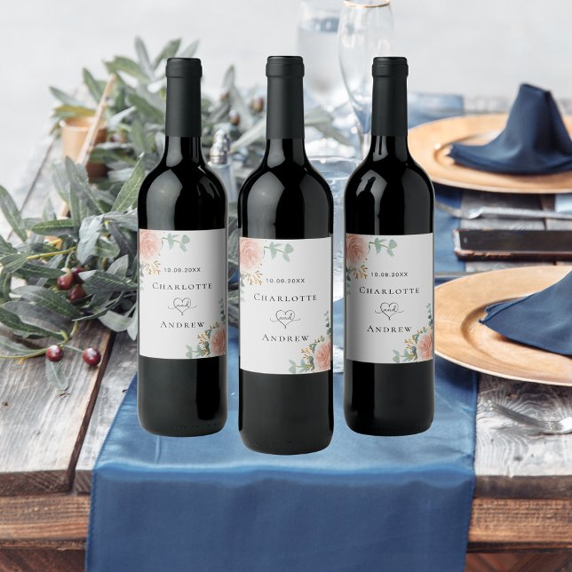 Rose gold floral eucalyptus greenery wedding wine label (Creator Uploaded)