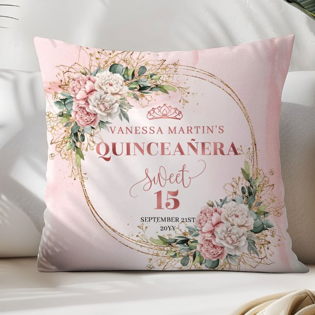 Rose Gold Floral Eucalyptus Quinceañera Gift Cushion (Rose Gold Floral Eucalyptus Quinceañera Pillow Gift)