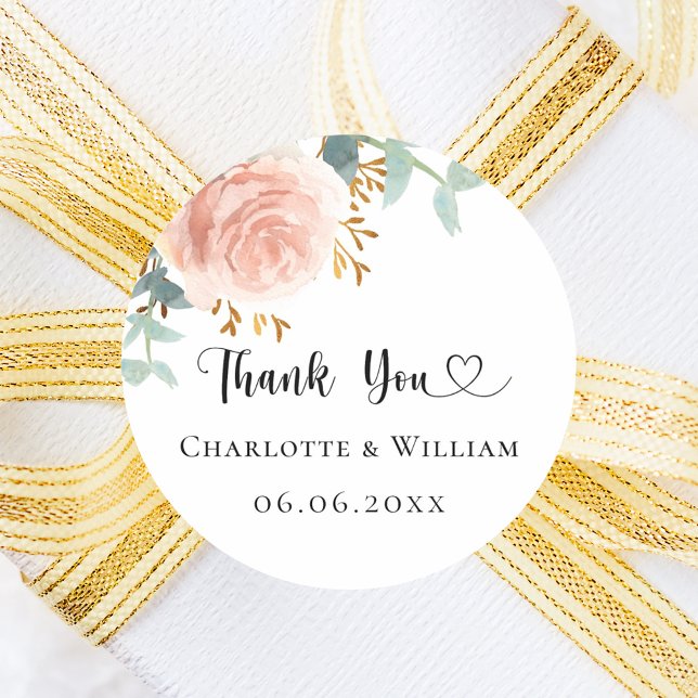 Rose gold floral eucalyptus thank you wedding classic round sticker (Creator Uploaded)