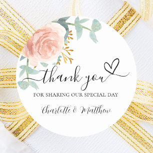 Rose gold floral eucalyptus thank you wedding classic round sticker