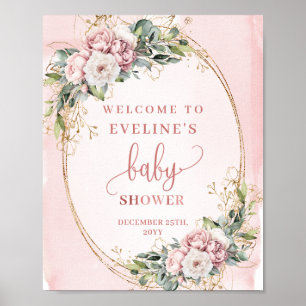 Rose Gold Floral Eucalyptus Welcome Baby Shower  Poster