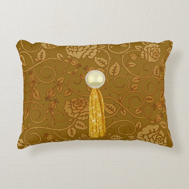 Rose Gold Floral Faux Shimmer Jewel Tassel Decorative Cushion (Front)