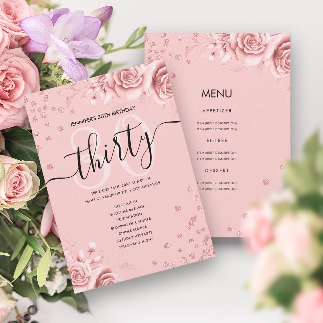 Rose Gold Floral Glitter 30 Birthday Menu Program Invitation (Rose Gold Floral Glitter 30 Birthday Menu Program)