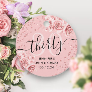Rose Gold Floral Glitter 30th Birthday Script Favour Tags