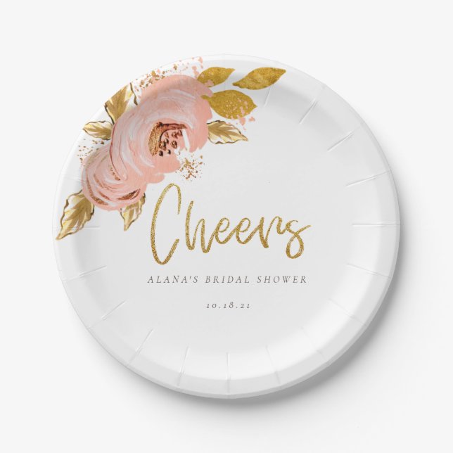 Rose Gold Floral Glitter Bridal Shower Paper Plate (Front)