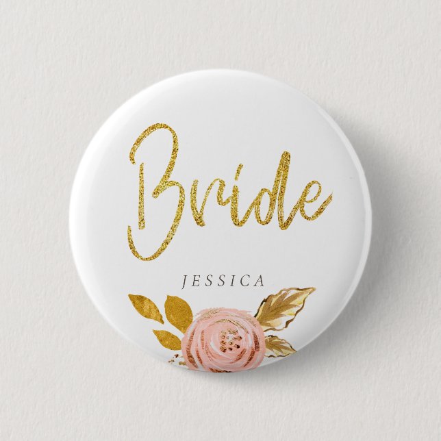 Rose Gold Floral Glitter Bride Button (Front)