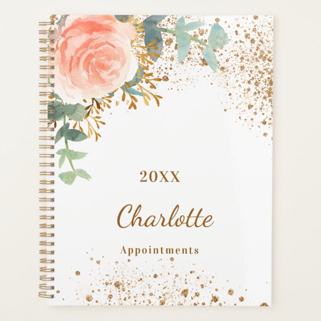 Rose gold floral glitter eucalyptus monogram 2026 planner (Front)