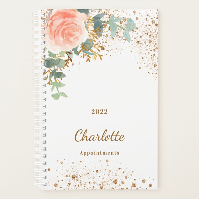Rose gold floral glitter eucalyptus monogram 2027 planner (Front)