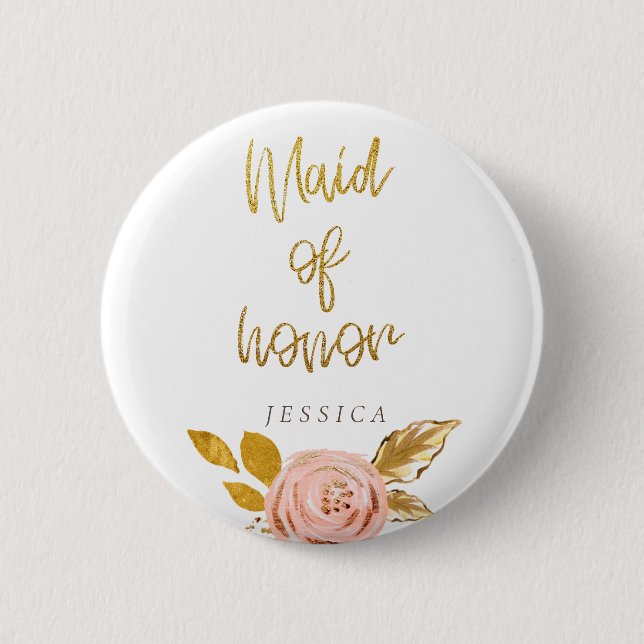 Rose Gold Floral Glitter Maid of Honour Button (Front)