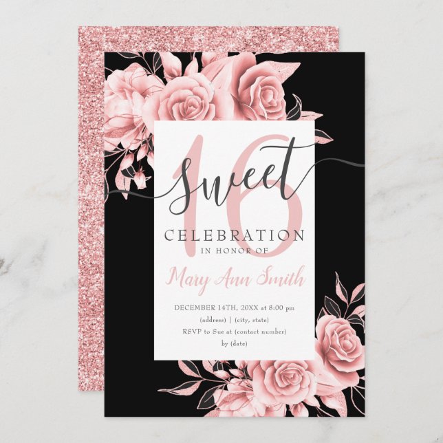 Rose Gold Floral & Glitter Sweet 16 Script Black  Invitation (Front/Back)