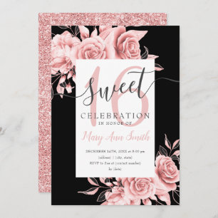 Rose Gold Floral & Glitter Sweet 16 Script Black Invitation