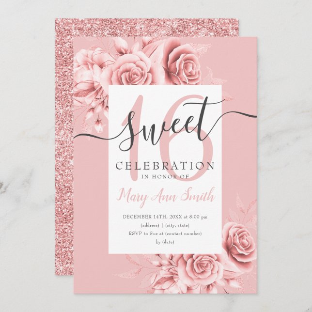Rose Gold Floral & Glitter Sweet 16 Script Blush Invitation (Front/Back)