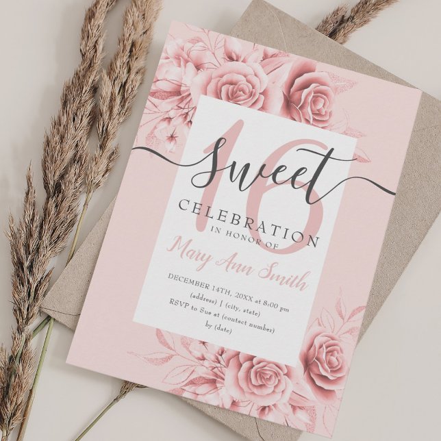 Rose Gold Floral & Glitter Sweet 16 Script Pink  Invitation (Rose Gold Floral & Glitter Sweet 16 Script Pink Invitation)